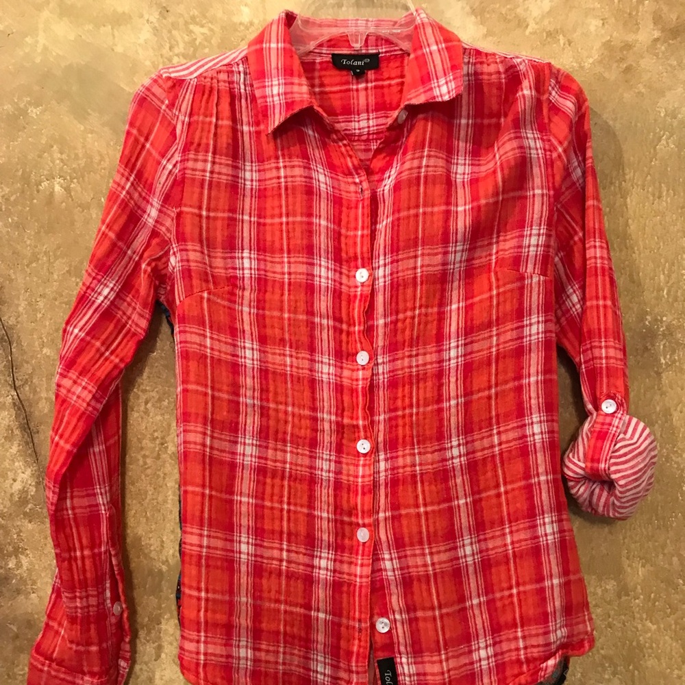 Tolani plaid and duo fabric printed blouse.